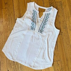Lucky Brand Gauzy White Sleeveless Top with Teal Embroidery